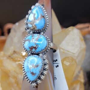 Three-Stone Golden Hills Blue Turquoise Sterling Silver Ring - Adjustable 8-9